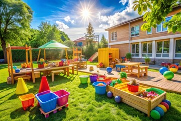 Colorful outdoor toys and equipment scattered around a sunny yard, conveying a sense of joyful playtime and learning at a kindergarten or preschool setting.