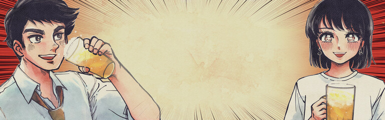 劇画レトロイラストバナー・飲み会でビールを楽しむ男女