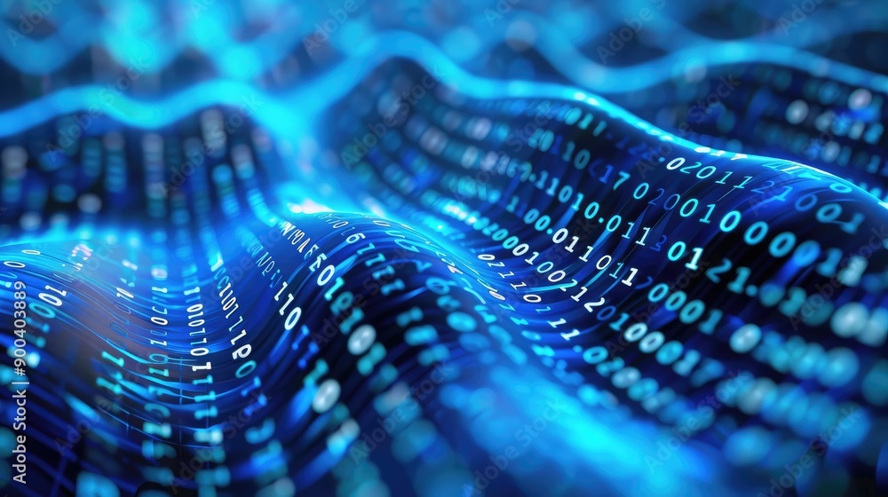 Poster abstract 3d financial wave with binary code, representing financial technology.