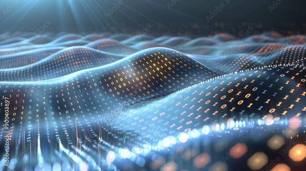 Poster abstract 3d financial wave with binary code, representing financial technology.