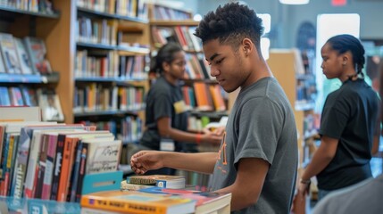Young adults organizing books at a community library event