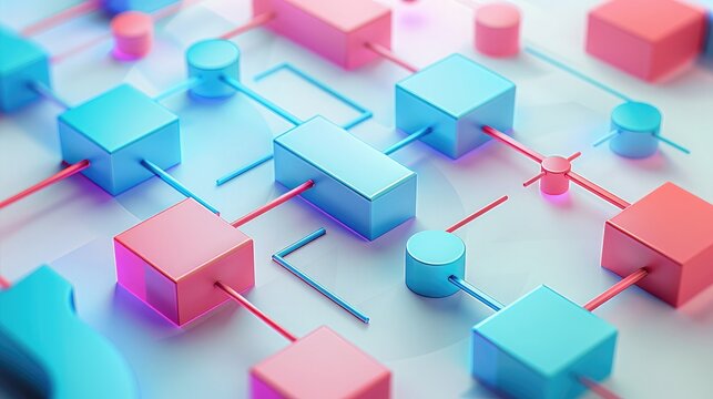 Abstract 3D flowchart with arrows and nodes, representing business processes and workflows.