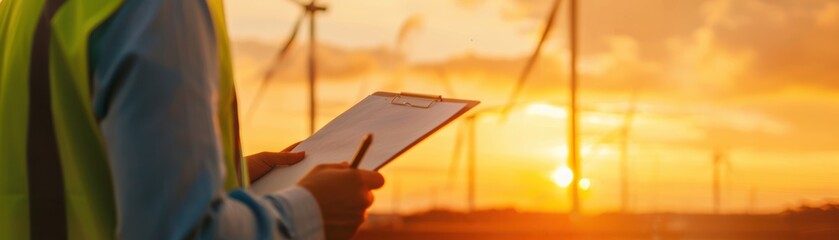 A professional inspecting a wind farm at sunset, showcasing sustainable energy and environmental care.