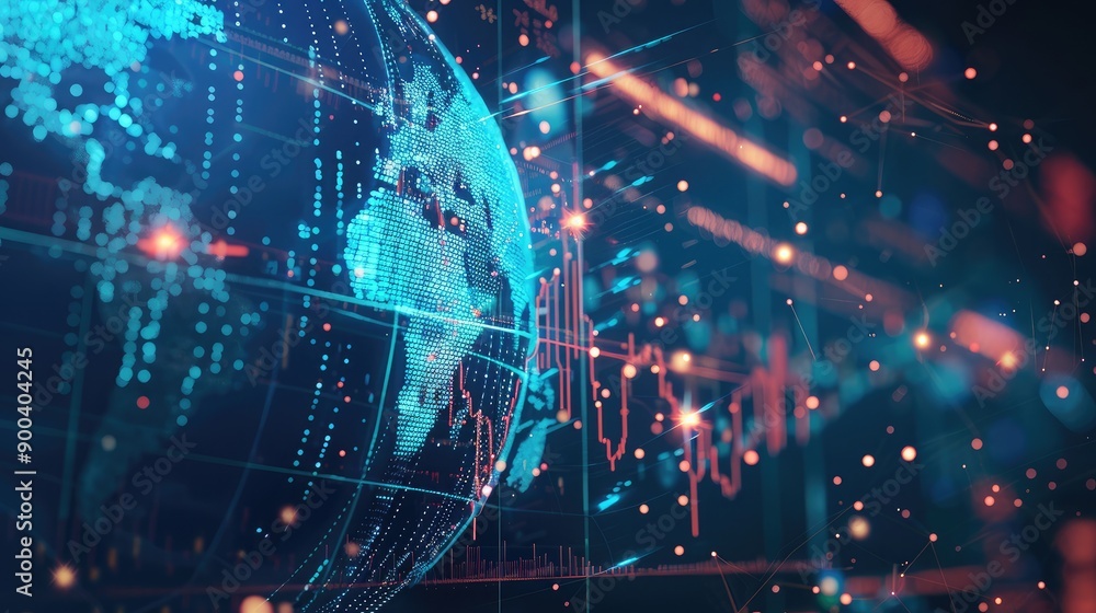Poster abstract 3d globe with interconnected lines and financial data, symbolizing global finance.