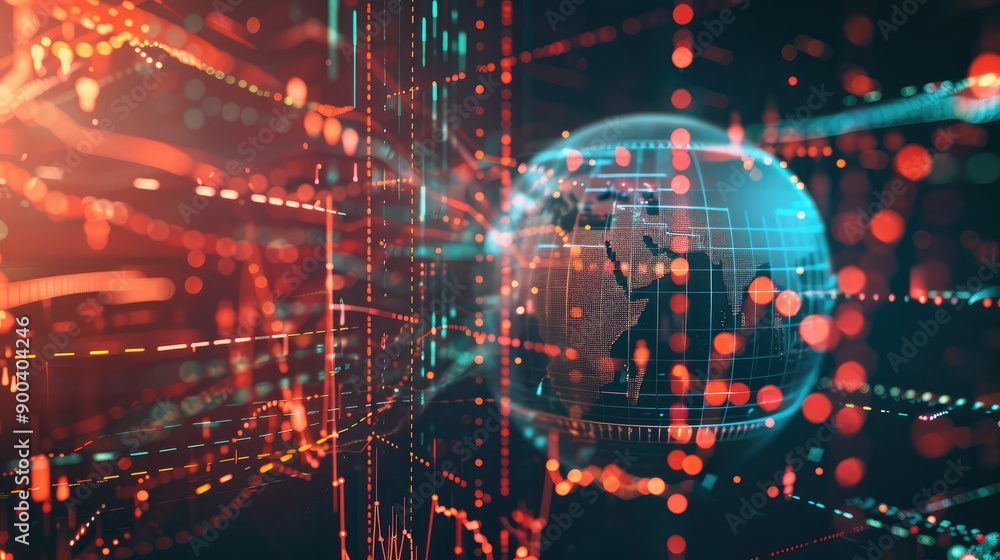Poster abstract 3d globe with interconnected lines and financial data, symbolizing global finance.