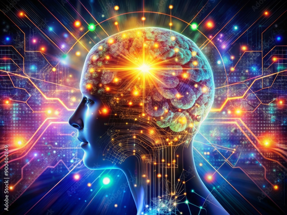 Poster vibrant glowing neural networks merge with advanced circuitry, illuminating the fusion of human thou