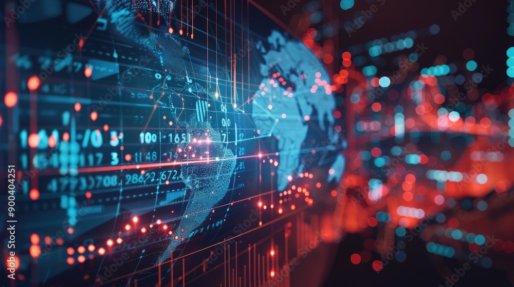 Poster abstract 3d globe with interconnected lines and financial data, symbolizing global finance.