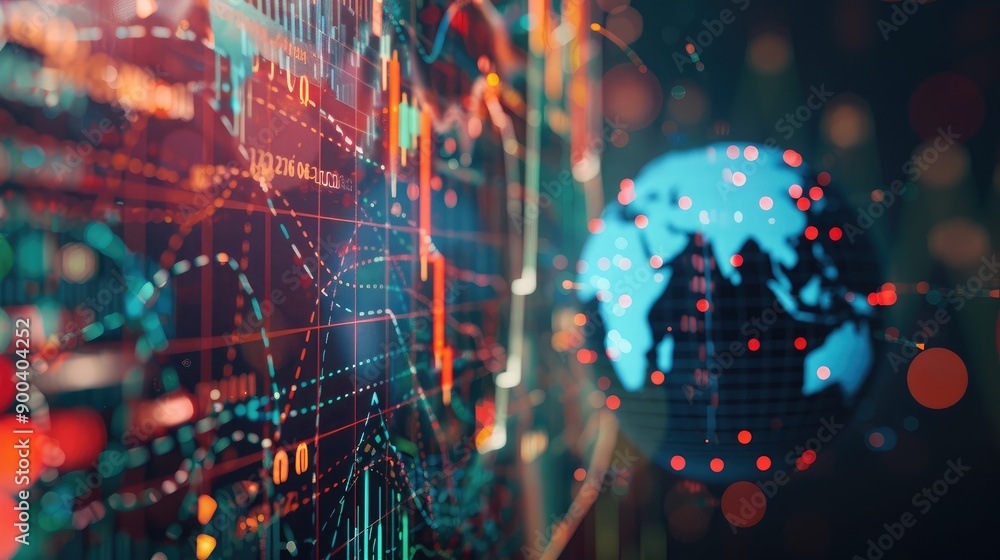 Poster abstract 3d globe with interconnected lines and financial data, symbolizing global finance.