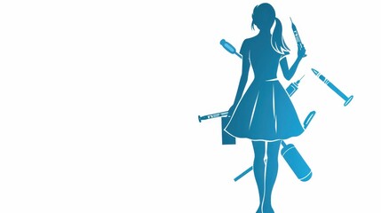 A nurse silhouette with swirling thermometers, gloves, and health records, symbolizing care and health on white background.
