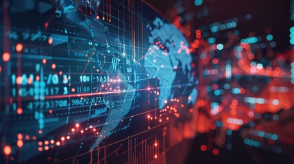 Obraz premium Abstract 3D globe with interconnected lines and financial data, symbolizing global finance.