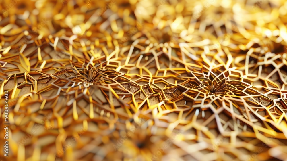 Poster abstract 3d golden geometric patterns with intricate designs, highlighting refinement.