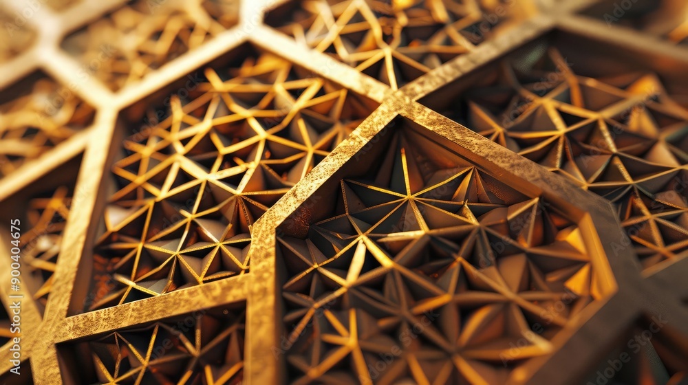 Poster abstract 3d golden geometric patterns with intricate designs, highlighting refinement.