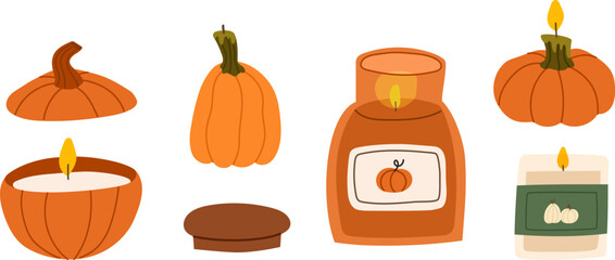 Pumpkin scented candles set. Cozy autumn aromatic candles .Hand drawn hygge candlelights. Flat vector illustration.