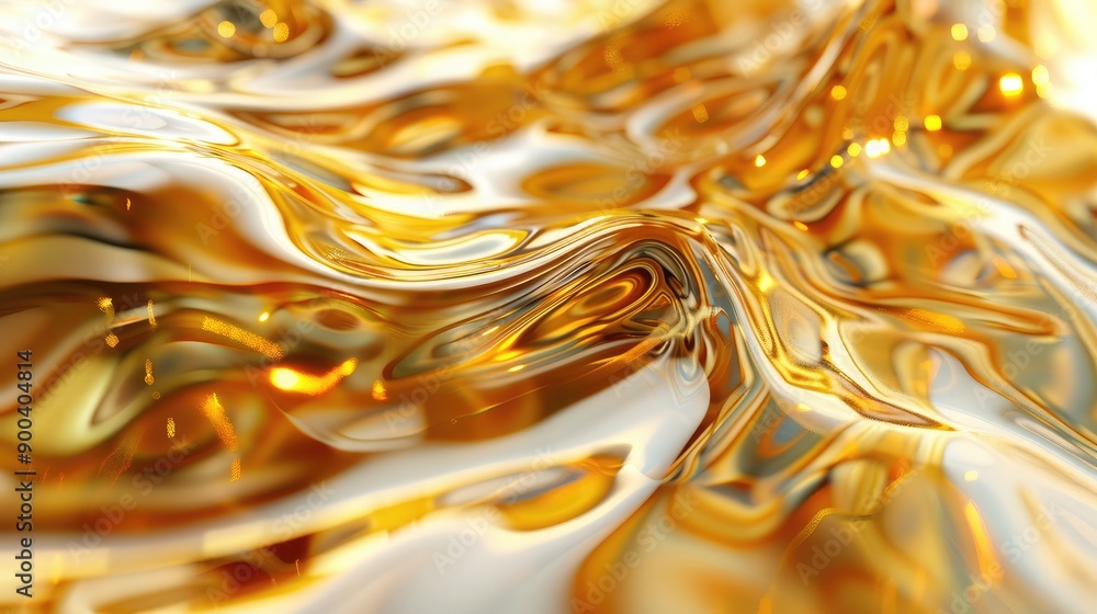 Poster abstract 3d golden liquid patterns with reflective surfaces, creating a sense of richness