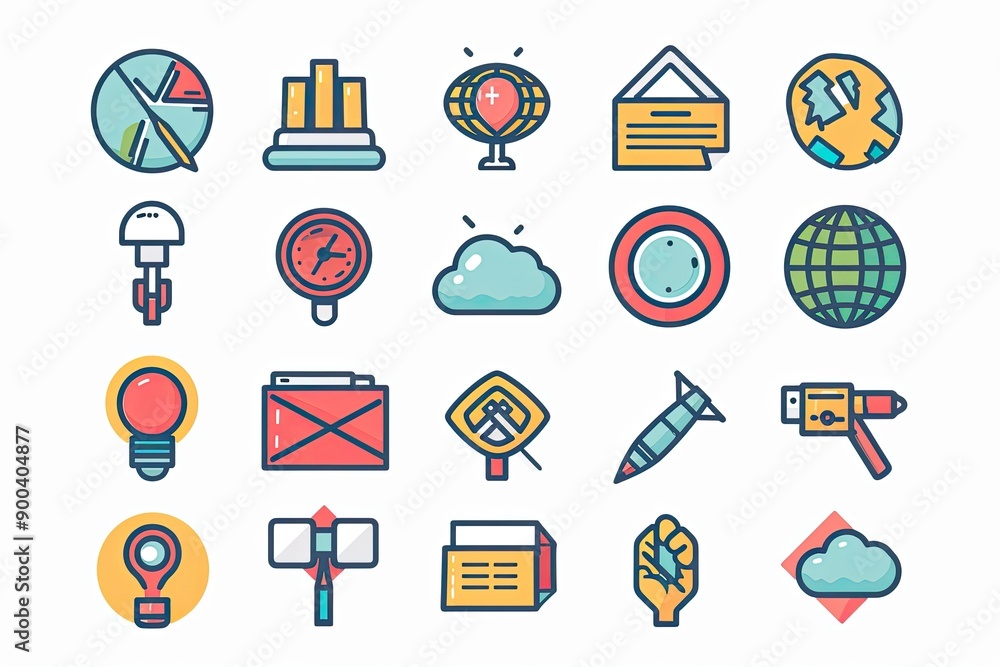 Poster set of icons that include different types of devices, creative search icons for exploring and discov