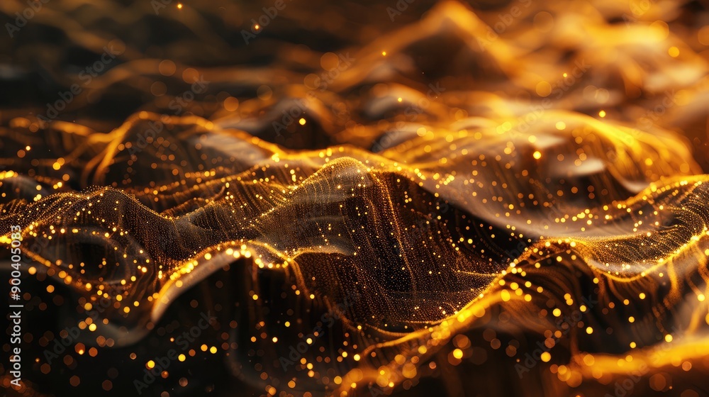 Poster abstract 3d golden particles creating a shimmering and opulent effect.