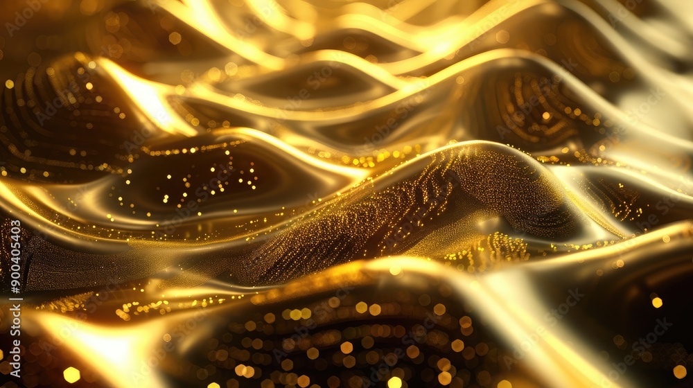 Poster abstract 3d golden wave patterns with sparkling effects, creating a sense of opulence.