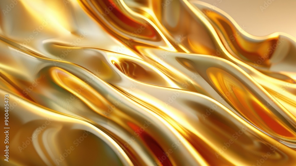 Poster abstract 3d golden waveforms with shimmering effects, highlighting opulence.