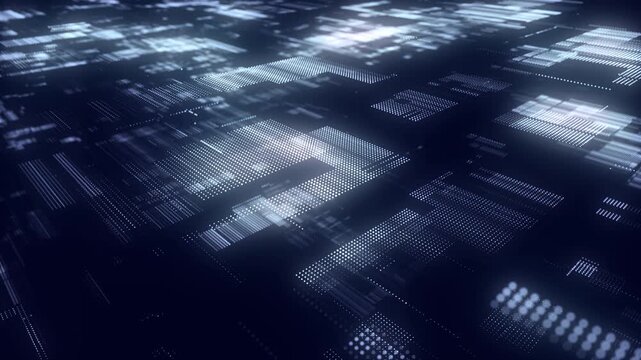 Abstract digital cyberspace with moving particles. Cyber security database. Matrix technology decoder. Futuristic hi-tech background with blue dots. High speed big data. 3D rendering.