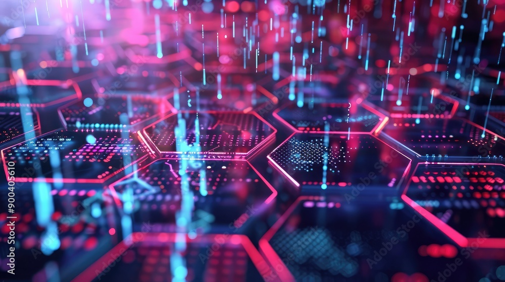 Poster abstract 3d hexagon grid with financial symbols, representing structured business environments.