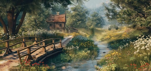 Fototapeta premium Tropical climate rural view with traditional wooden bridge.