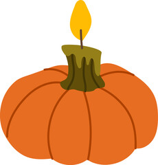 Pumpkin shape scented candle. Cozy autumn aromatic candle .Hand drawn Halloween candlelight. Flat vector illustration.