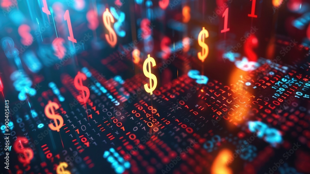 Poster abstract 3d rendering of currency symbols with digital effects, representing global finance.