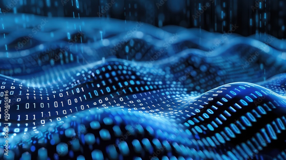 Poster abstract 3d wave patterns with binary code, symbolizing digital transformation in business