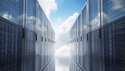 A futuristic data center with servers and clouds, symbolizing advanced technology and digital connectivity.