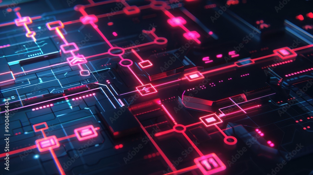 Poster flowchart with glowing nodes, symbolizing business process management.