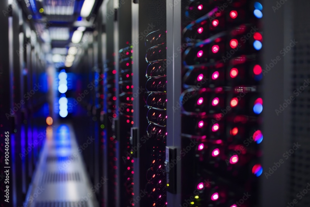 Poster row of servers in datcenter, cutting-edge quantum computer processes datat speeds unimaginable with 