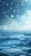 Gentle waves shimmer as snowflakes cascade from a tranquil twilight sky