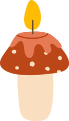 Mushroom shape scented candle. Cozy autumn aromatic candle .Hand drawn hygge candlelight. Flat vector illustration.