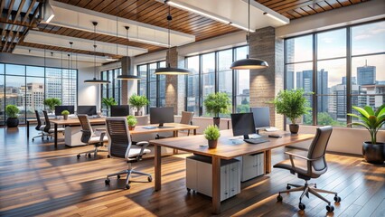 A sleek, modern office lies vacant, with empty desks, chairs, and computers, highlighting the shift towards remote work and its impact on traditional office environments.