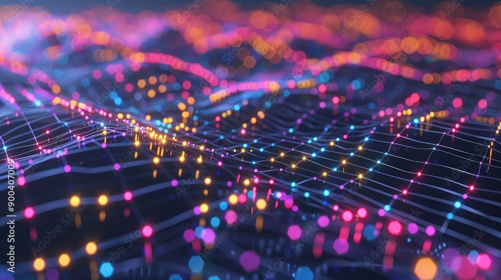 Poster futuristic 3d network of nodes and lines, representing financial data connections.