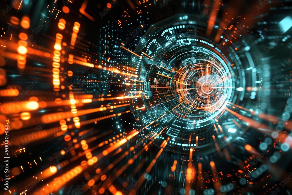 Poster row of servers in datcenter, cutting-edge quantum computer processes datat speeds unimaginable with 