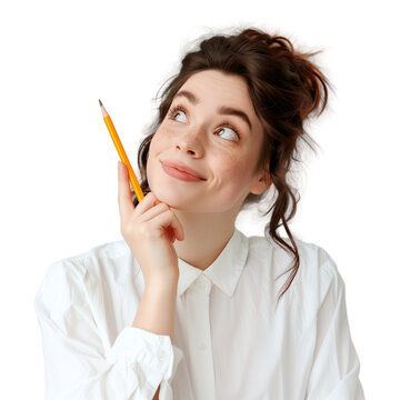 A beautiful woman in white shirt holding a pencil with happy face on transparent background