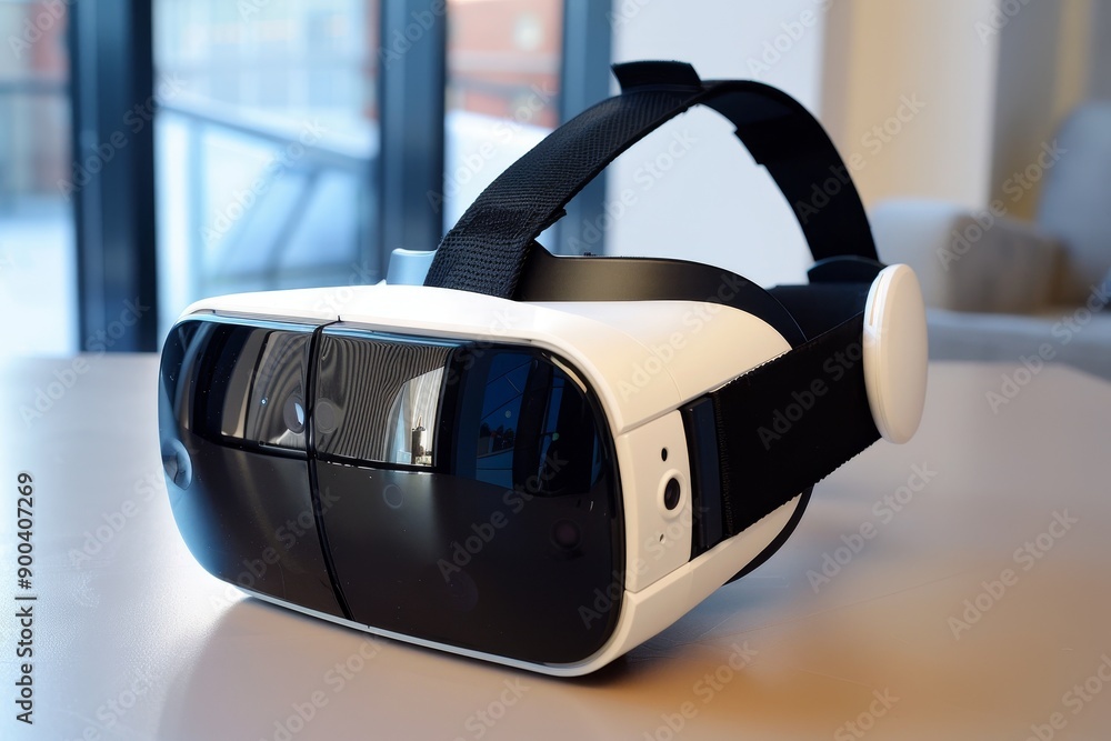 Poster white and black vr - glasses on table, virtual reality headset transporting the viewer