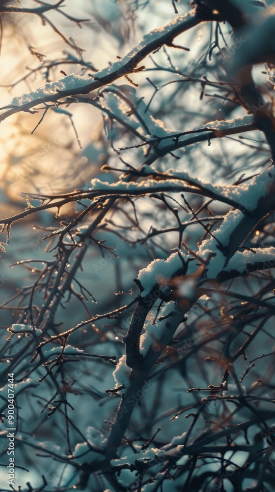 Poster snow-dusted branches sparkle in the soft glow of winter twilight