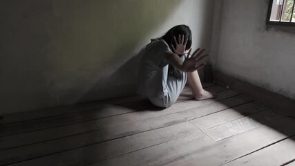 Campaign against human trafficking. Young woman raised her hand telling her to stop domestic violence. Human rights violations.