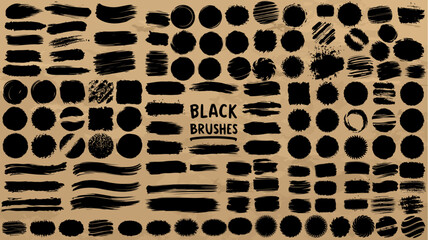 Collection of black paint brushes, ink strokes, lines, grunge style, set.