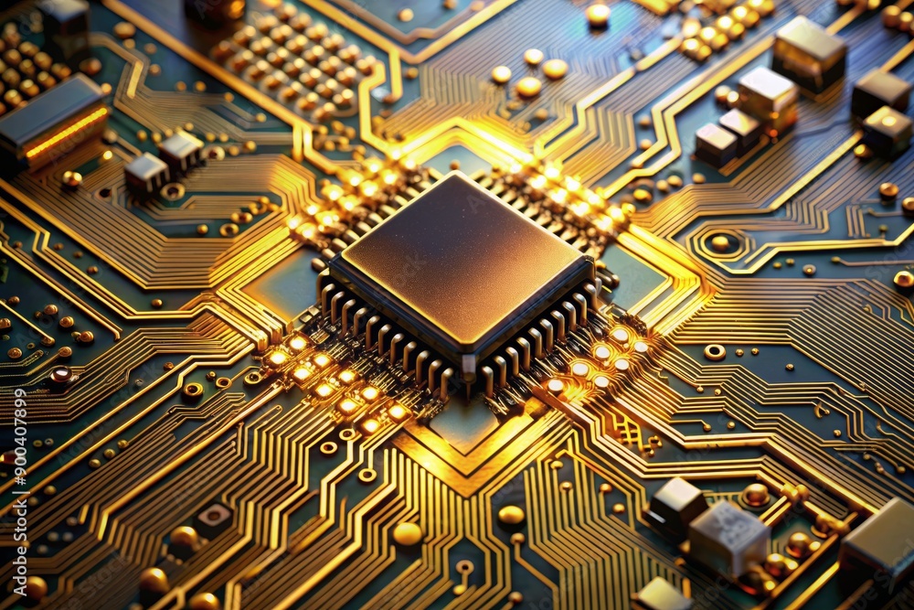 Poster microscopic view of a complex silicon computer chip architecture, showcasing intricate circuits, con