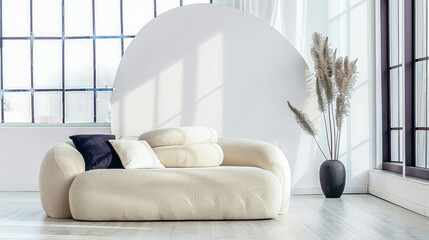 Contemporary master bedroom interiors with a comfortable bed next to a large window. Luxury property interiors in neutral tones with copyspace.