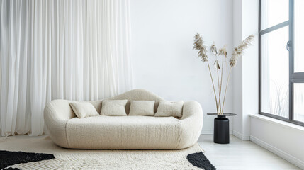 Fototapeta premium Contemporary master bedroom interiors with a comfortable bed next to a large window. Luxury property interiors in neutral tones with copyspace.