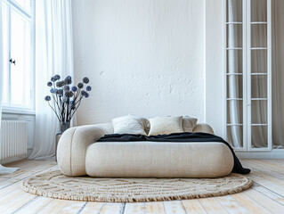 Contemporary master bedroom interiors with a comfortable bed next to a large window. Luxury property interiors in neutral tones with copyspace.