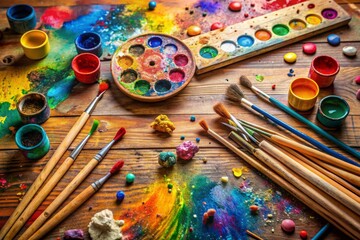 Naklejka premium Colorful paint-splattered wooden table holds a vibrant paint pallet, scattered paintbrushes, and a half-finished artwork, evoking a sense of childlike creativity and imagination.