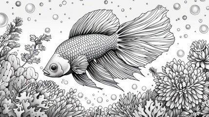 A detailed illustration of a fish swimming among corals and plants.Black and white ink style on a white background. Marine life concept