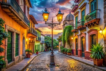 Obraz premium Vibrant cityscape with ancient architecture, worn cobblestone streets, and vintage lamp posts, inviting travelers to discover hidden gems and create unforgettable memories.