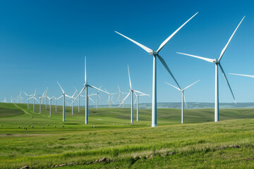 A field of wind turbines in a green field under a blue sky