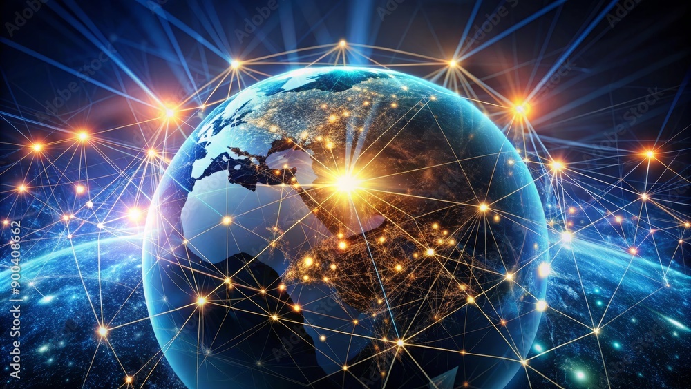 Aufkleber global business globe surrounded by sparkling digital nodes and glowing network lines, symbolizing i